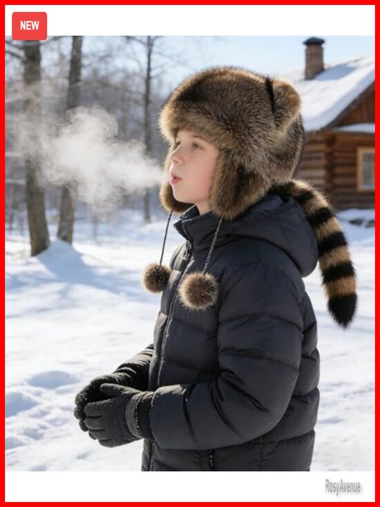 Faux Fur Raccoon Tail Animal Hat Winter Earflap Trapper Beanie for Women